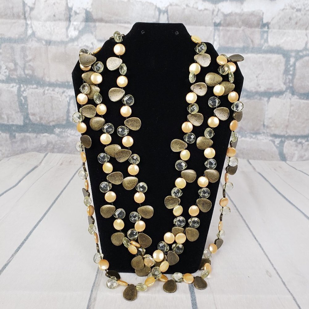 2/$25 Extra  Long Necklace Brass Peach Yellow Clear Beads